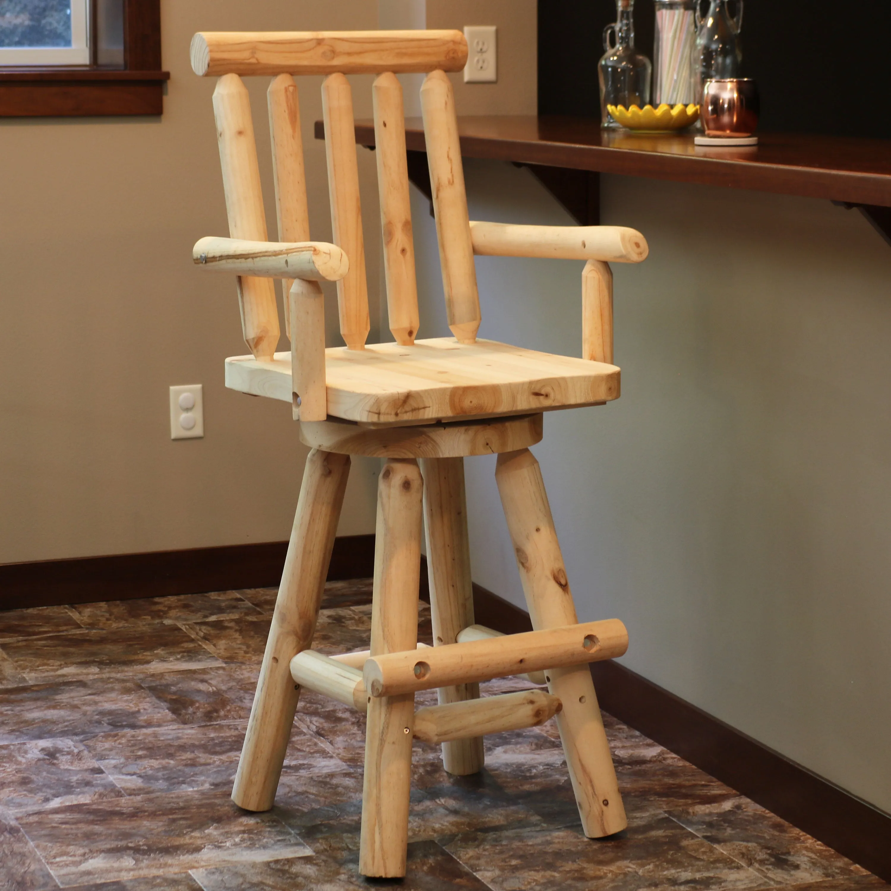 Sunnydaze Rustic Log Cabin Unfinished Fir Wood Bar Stool - 4'