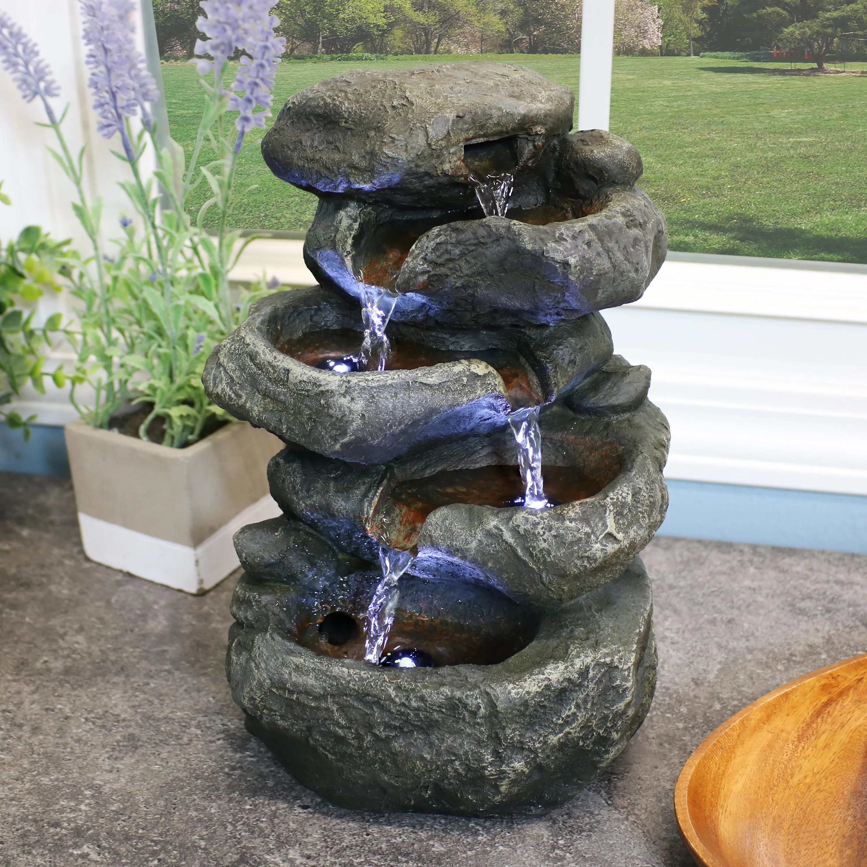 Sunnydaze Stacked Rock Waterfall Fountain with LED Lights - 10"