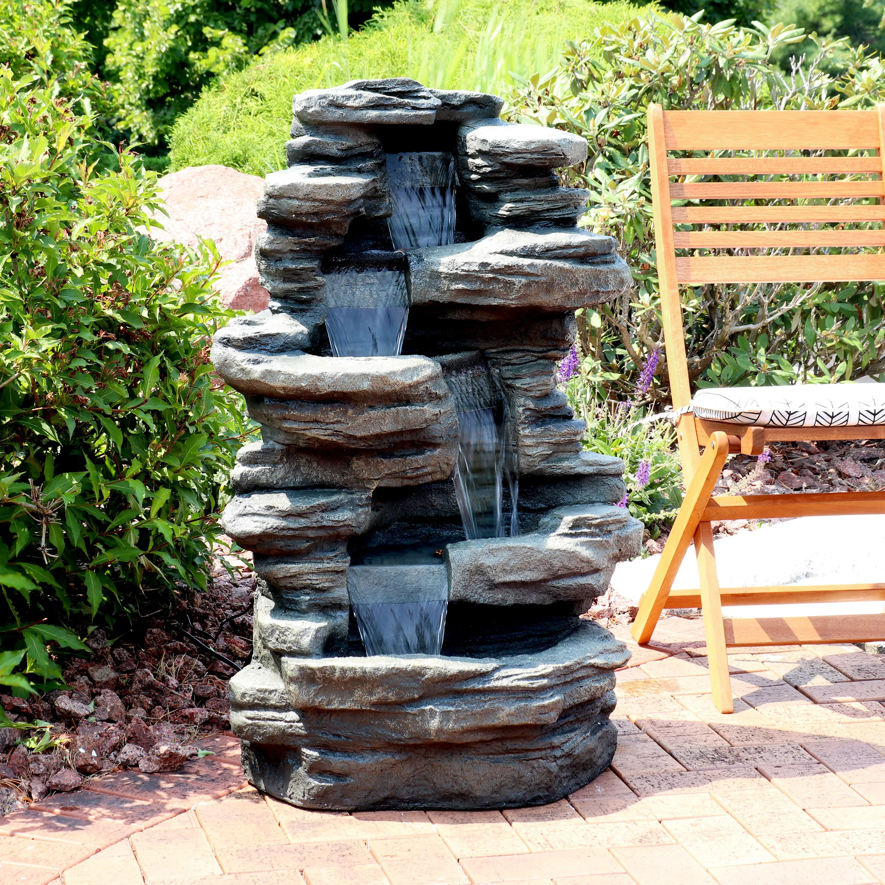 Sunnydaze Stacked Shale Outdoor Rock Waterfall Fountain with LED Lights - 38"