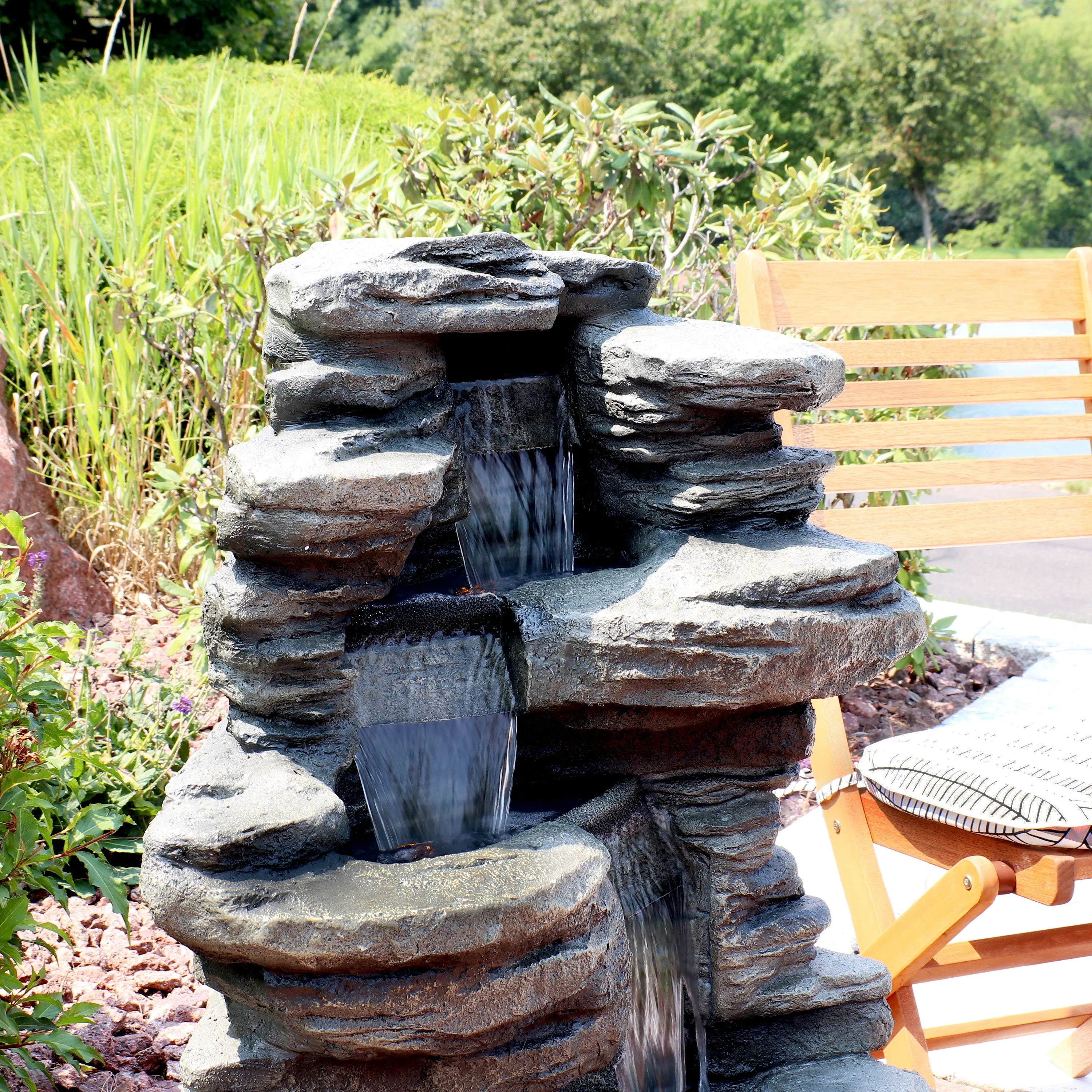 Sunnydaze Stacked Shale Outdoor Rock Waterfall Fountain with LED Lights - 38"