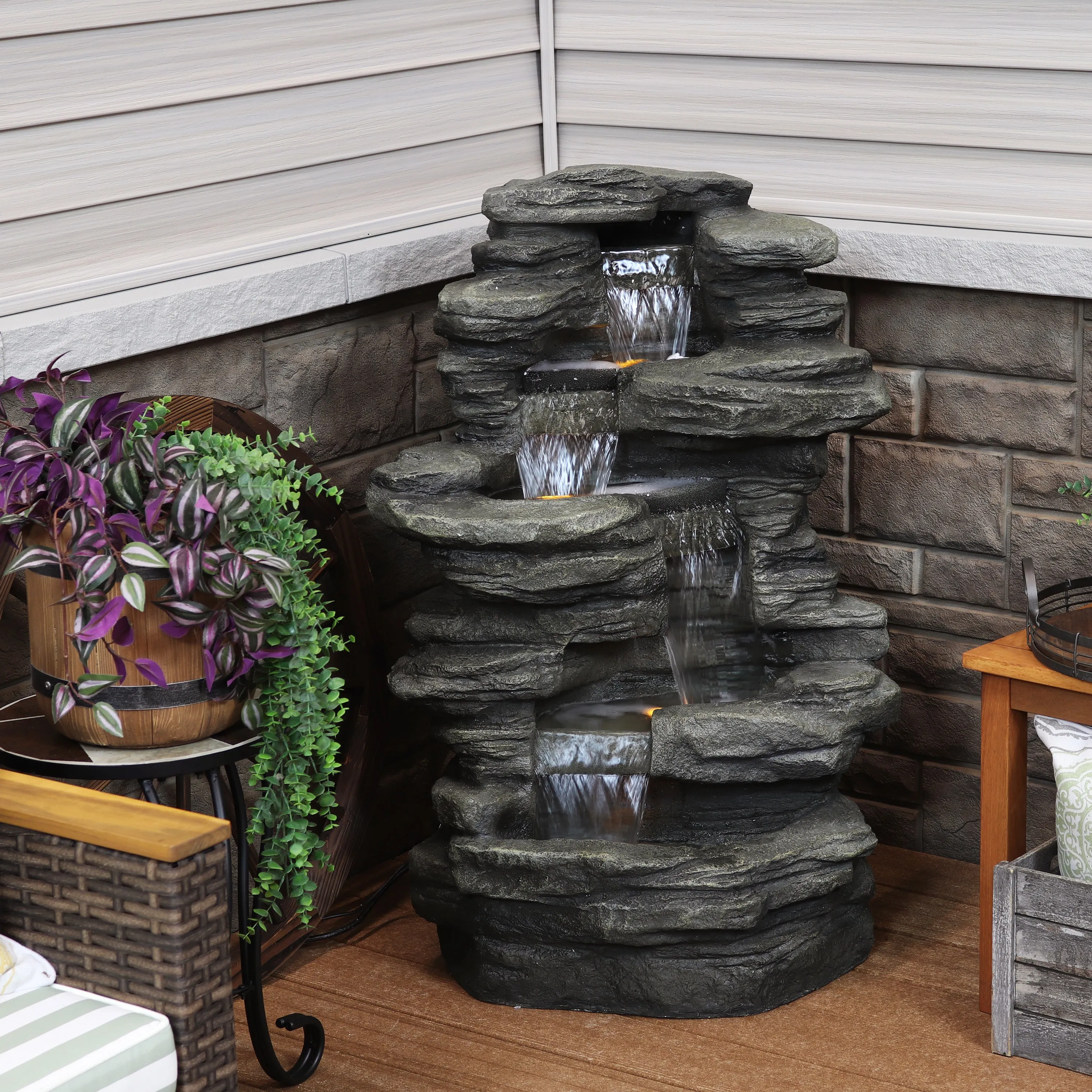 Sunnydaze Stacked Shale Outdoor Rock Waterfall Fountain with LED Lights - 38"