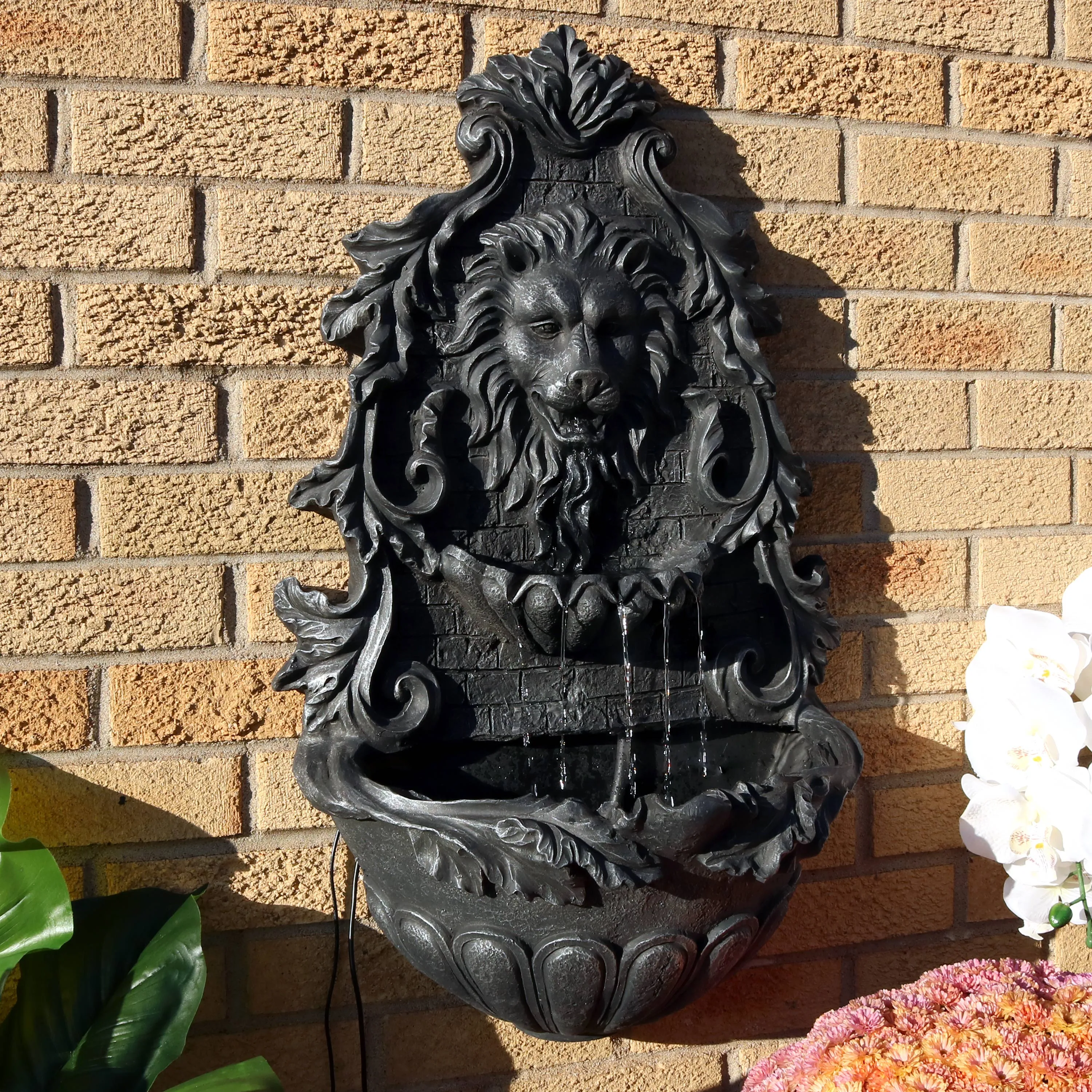 Sunnydaze Stoic Courage Lion Head Solar Fountain with Battery Backup