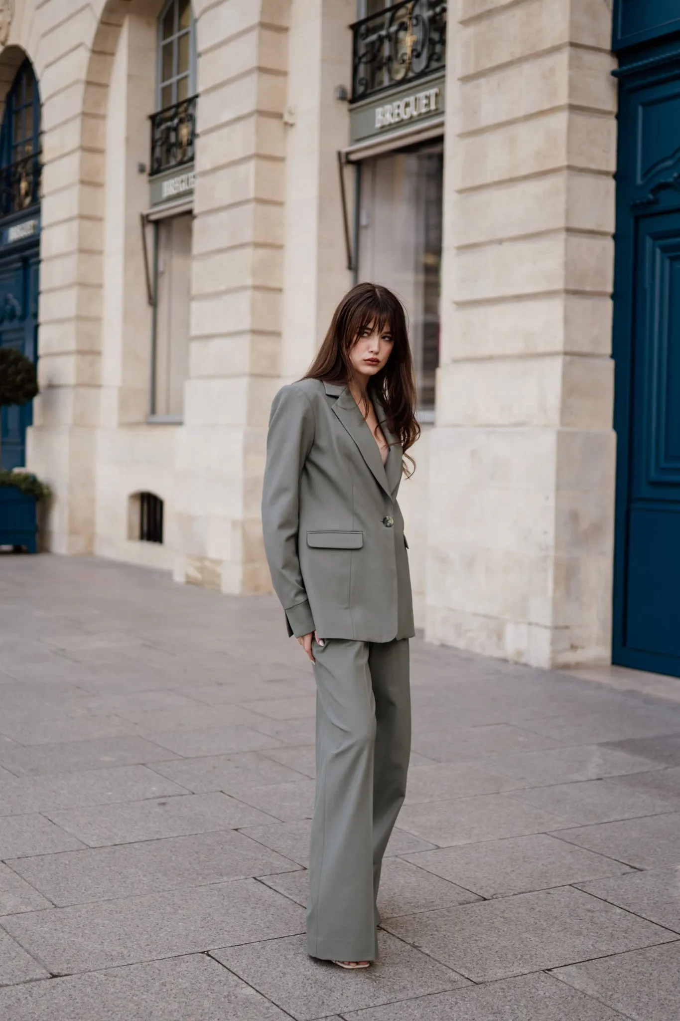 Tailored Wide Leg Wool Trousers in Smokey Olive