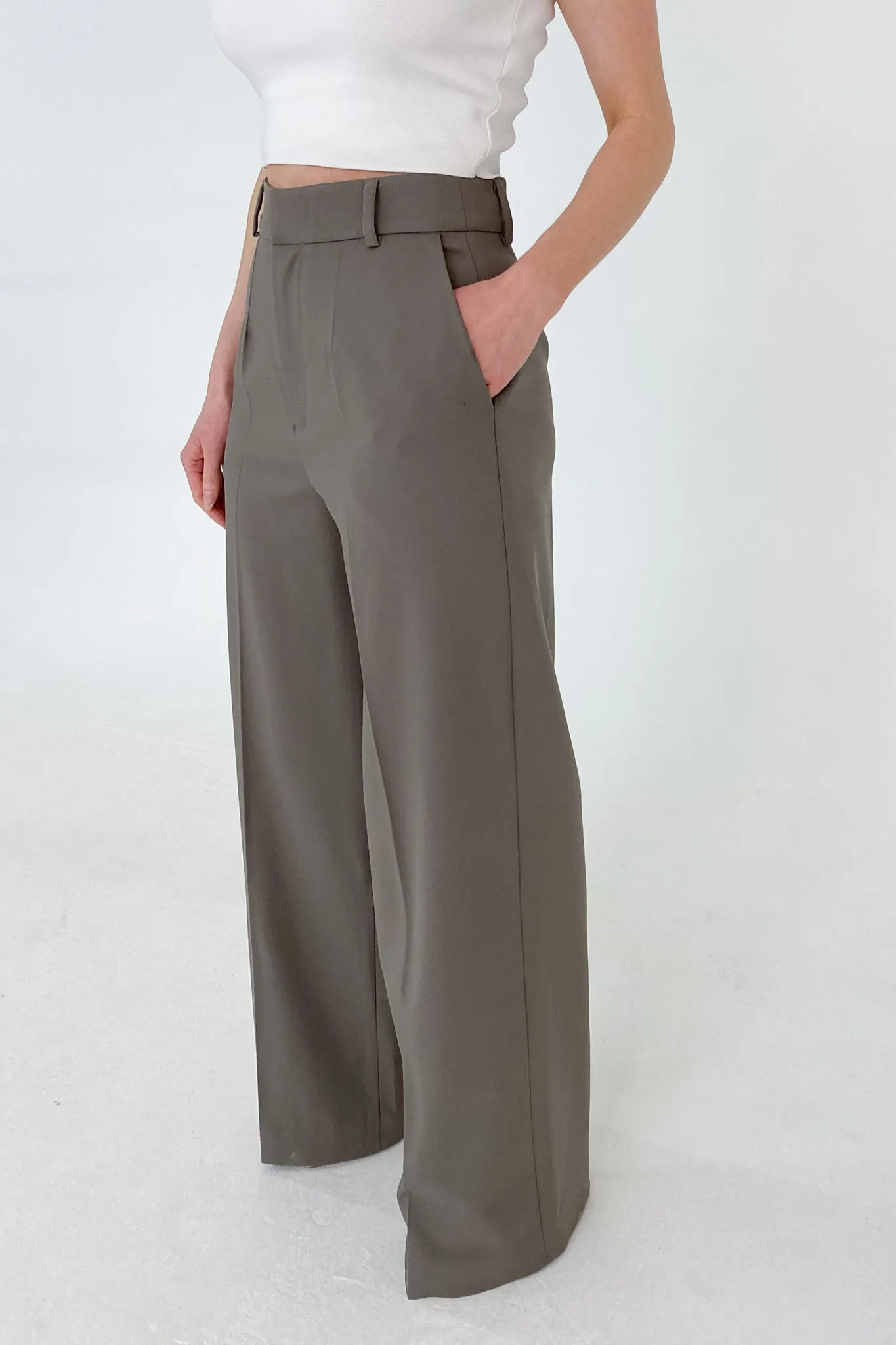 Tailored Wide Leg Wool Trousers in Smokey Olive