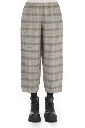 Tapered Greige Check Linen Trousers