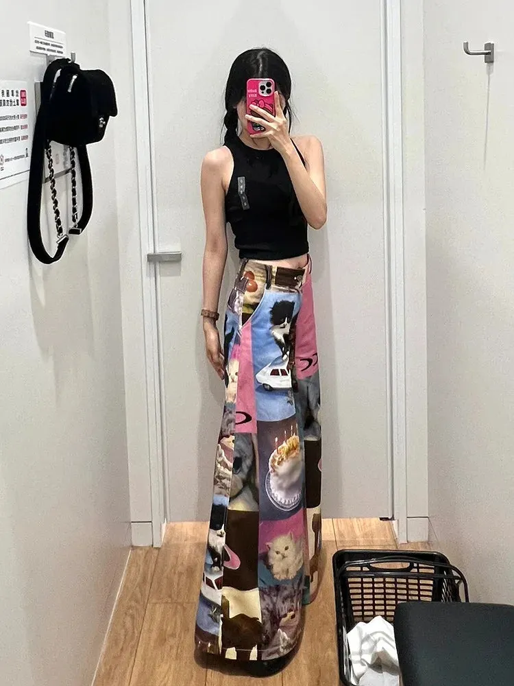 Territory American Street Cute Cartoon Print Pants for Women 2024 New Loose Wide Leg  Y2k Grunge High Waist Straight Trousers