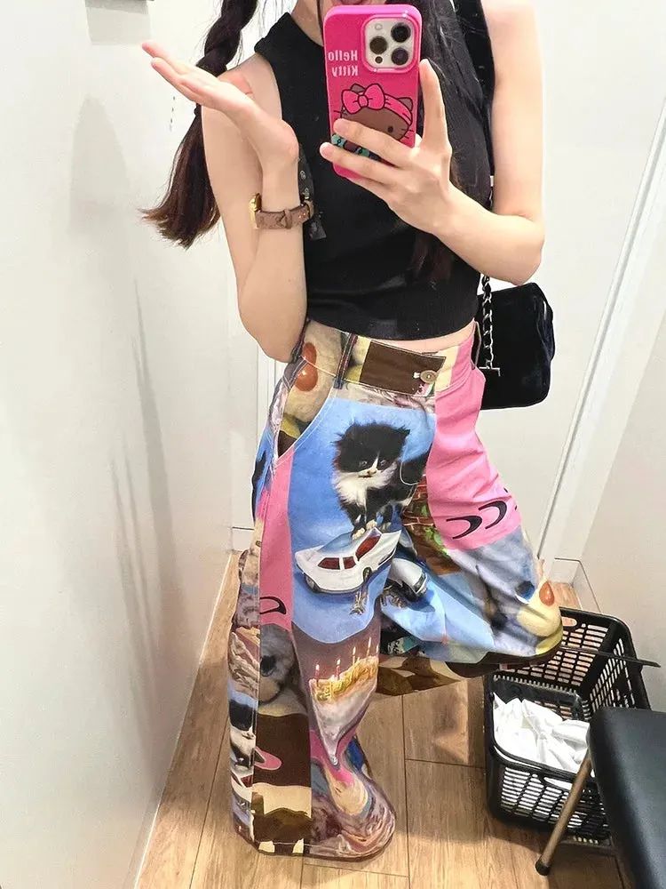 Territory American Street Cute Cartoon Print Pants for Women 2024 New Loose Wide Leg  Y2k Grunge High Waist Straight Trousers