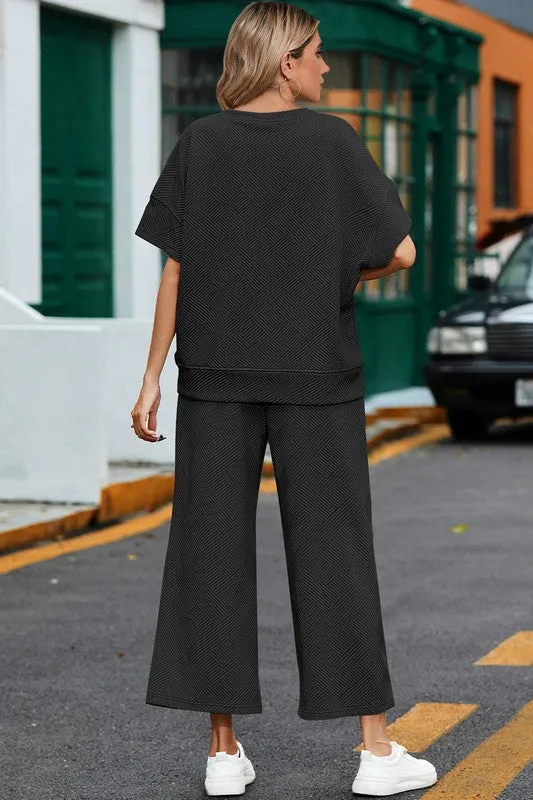 Textured Loose T Shirt and Drawstring Pants Set