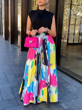 Tie Dye Print High Waist Wide Leg Pants