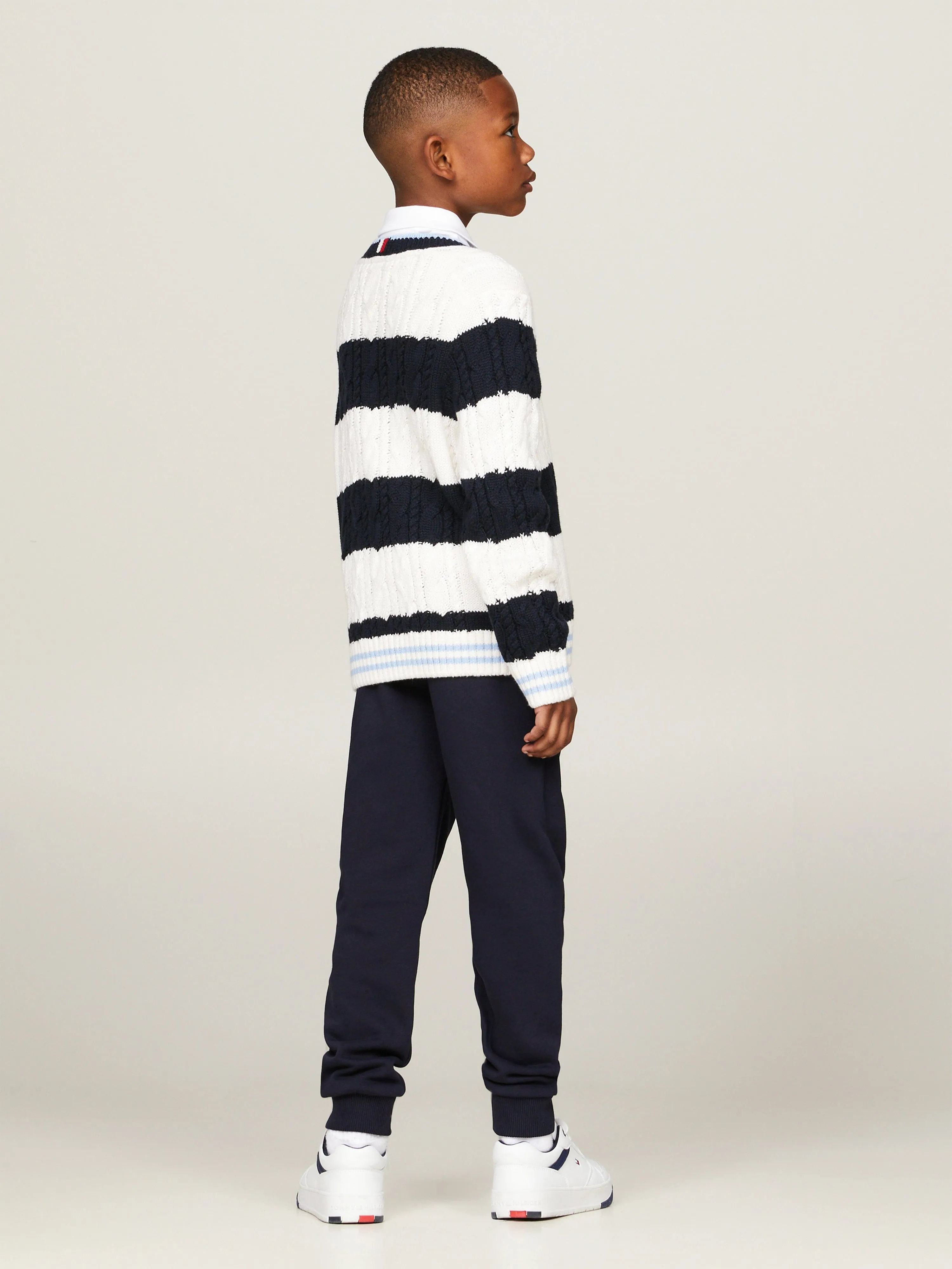 Tommy Hilfiger Boys Striped Cable Knit Jumper in Navy