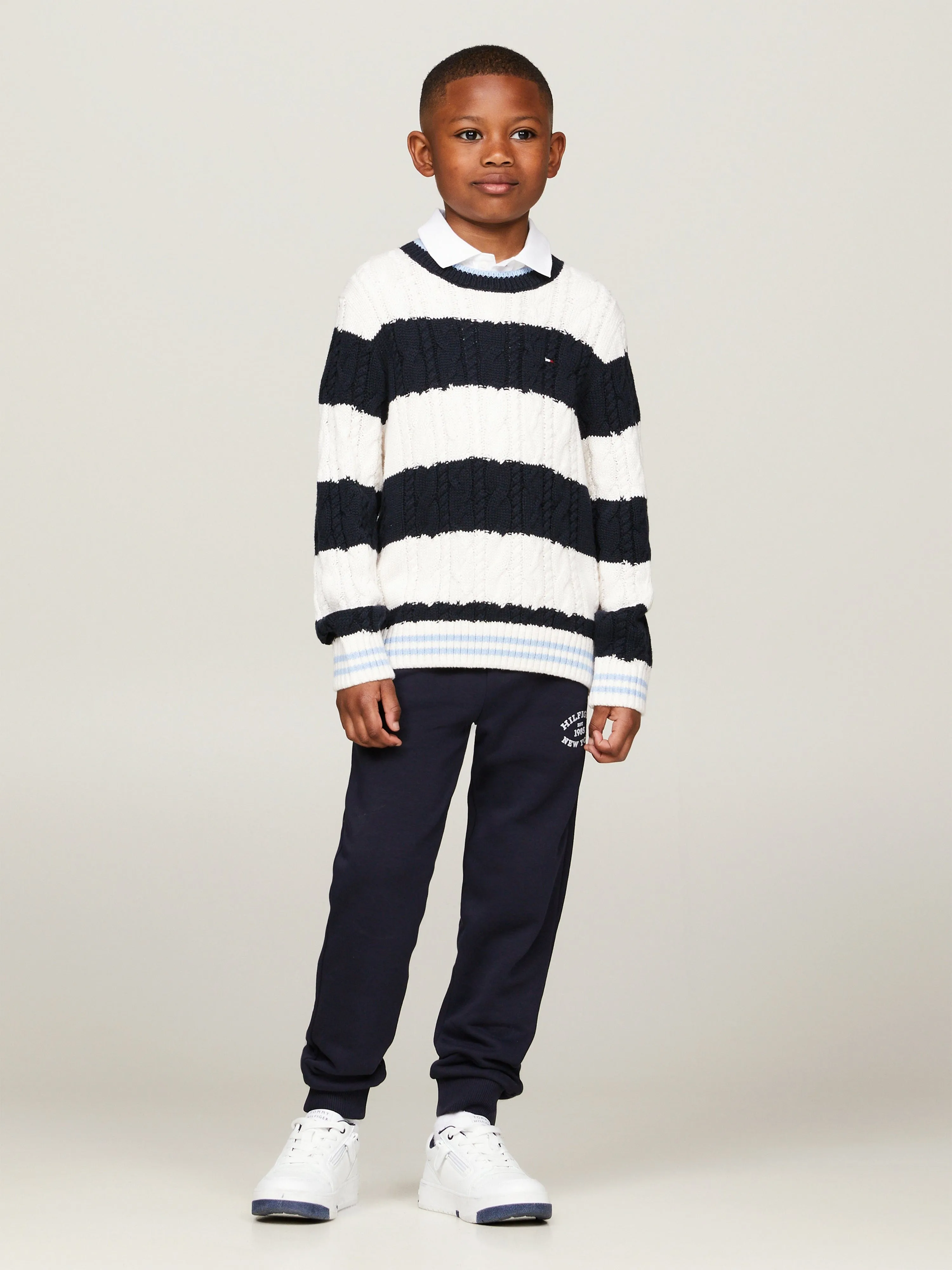 Tommy Hilfiger Boys Striped Cable Knit Jumper in Navy