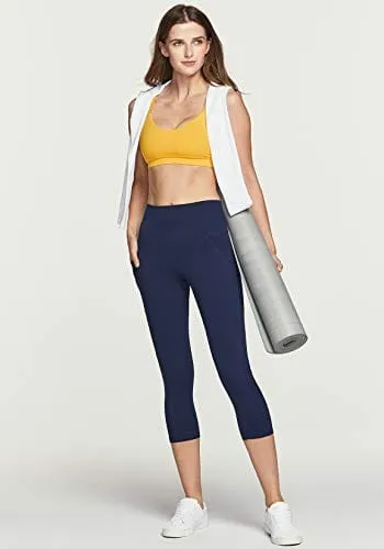 TSLA High Waist Yoga Pants with Pockets, Tummy Control Yoga Leggings, Non See-Through Workout Running Tights, Capris Pocket Peachy Navy