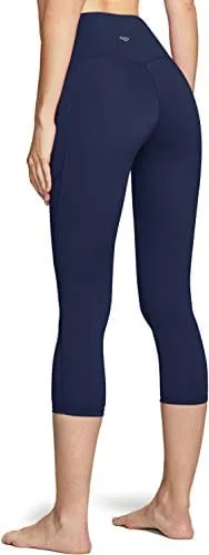 TSLA High Waist Yoga Pants with Pockets, Tummy Control Yoga Leggings, Non See-Through Workout Running Tights, Capris Pocket Peachy Navy