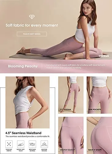 TSLA High Waist Yoga Pants with Pockets, Tummy Control Yoga Leggings, Non See-Through Workout Running Tights, Capris Pocket Peachy Navy