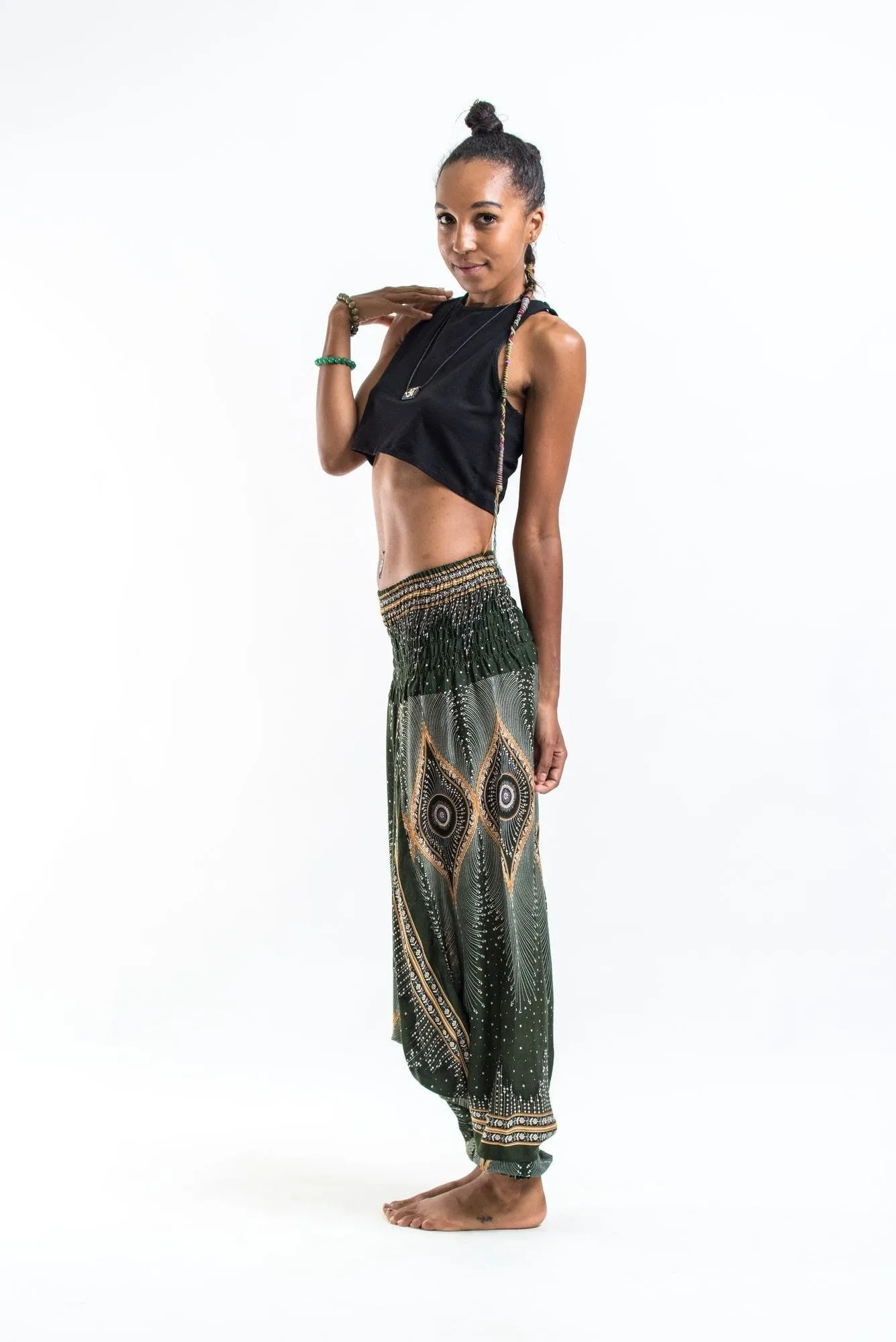 Unisex Diamond Peacock Drop Crotch Jumpsuit Harem Pants in Green