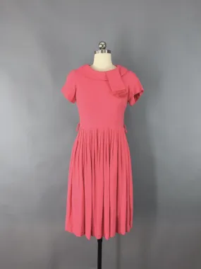 Vintage 1950s Coral Pink Wool Knit Day Dress