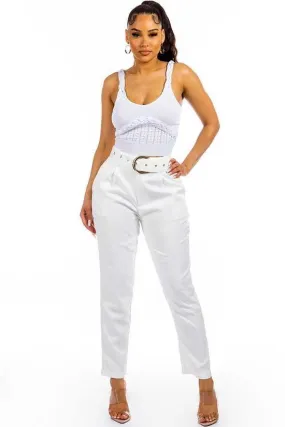 White Pleated High Waist Four Pocket Pants /2-2-2