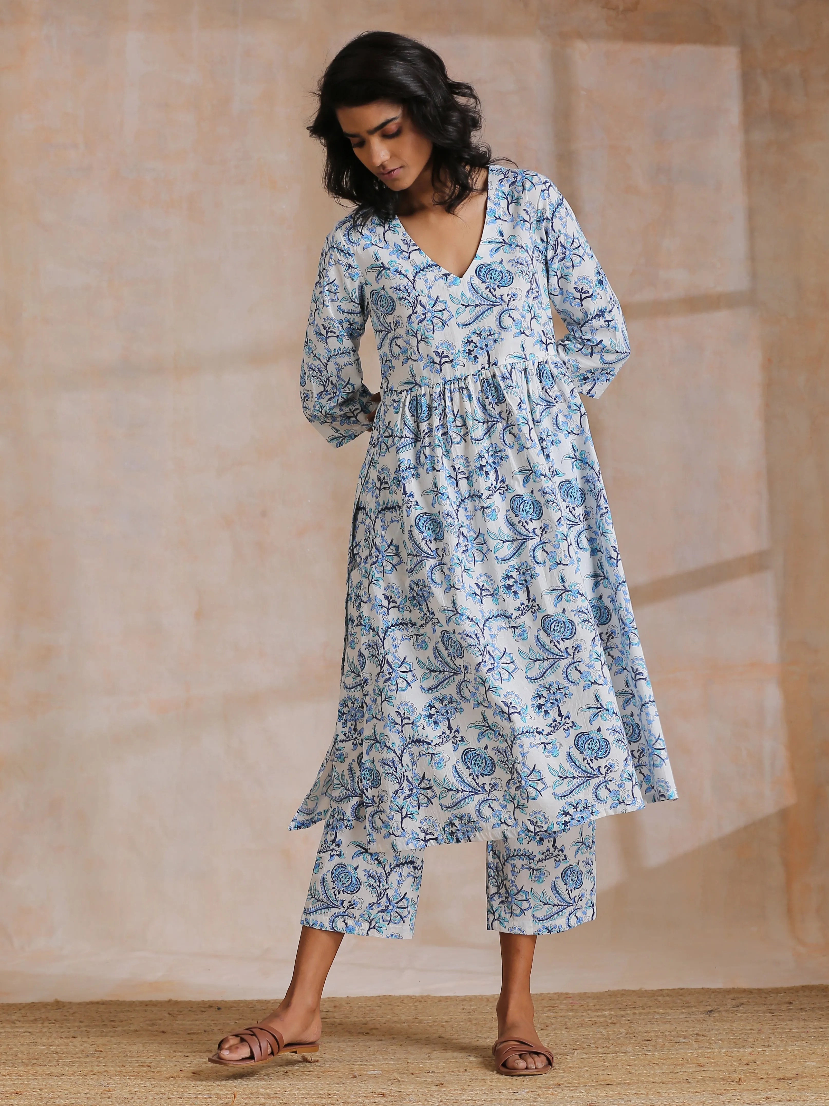 White With Overall Blue Print Cotton  Slit Gathered Kurta Set