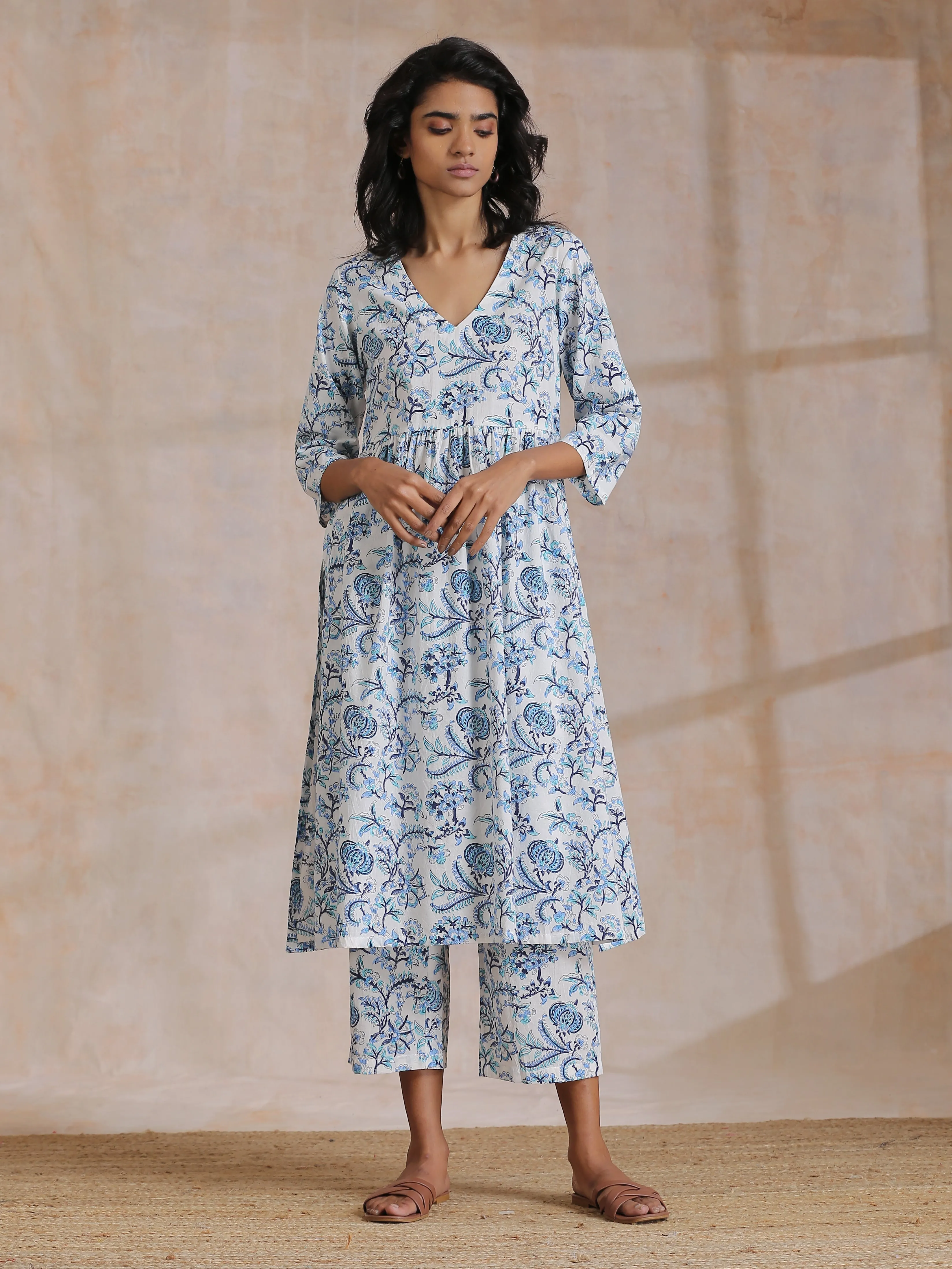 White With Overall Blue Print Cotton  Slit Gathered Kurta Set