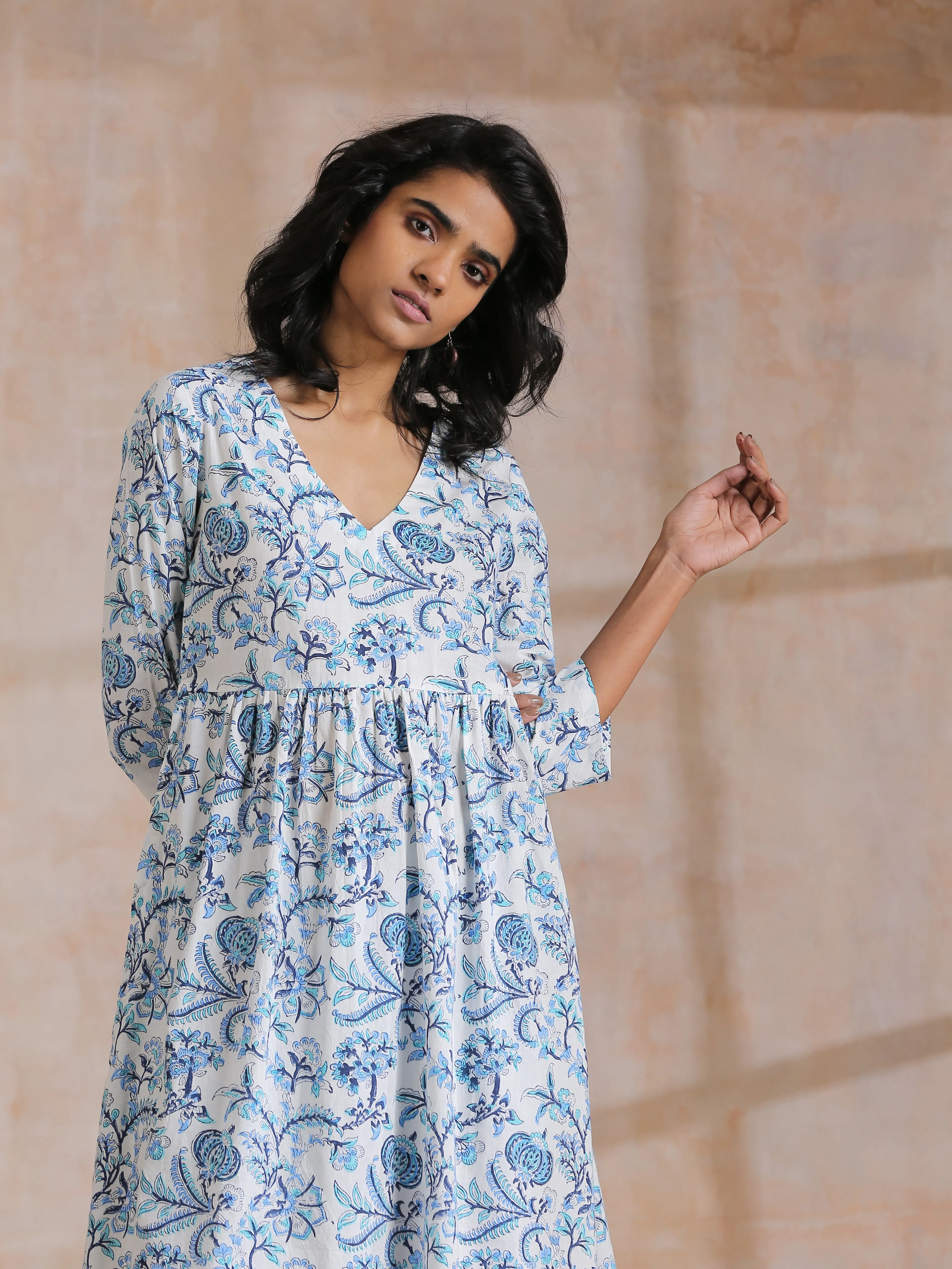 White With Overall Blue Print Cotton  Slit Gathered Kurta Set