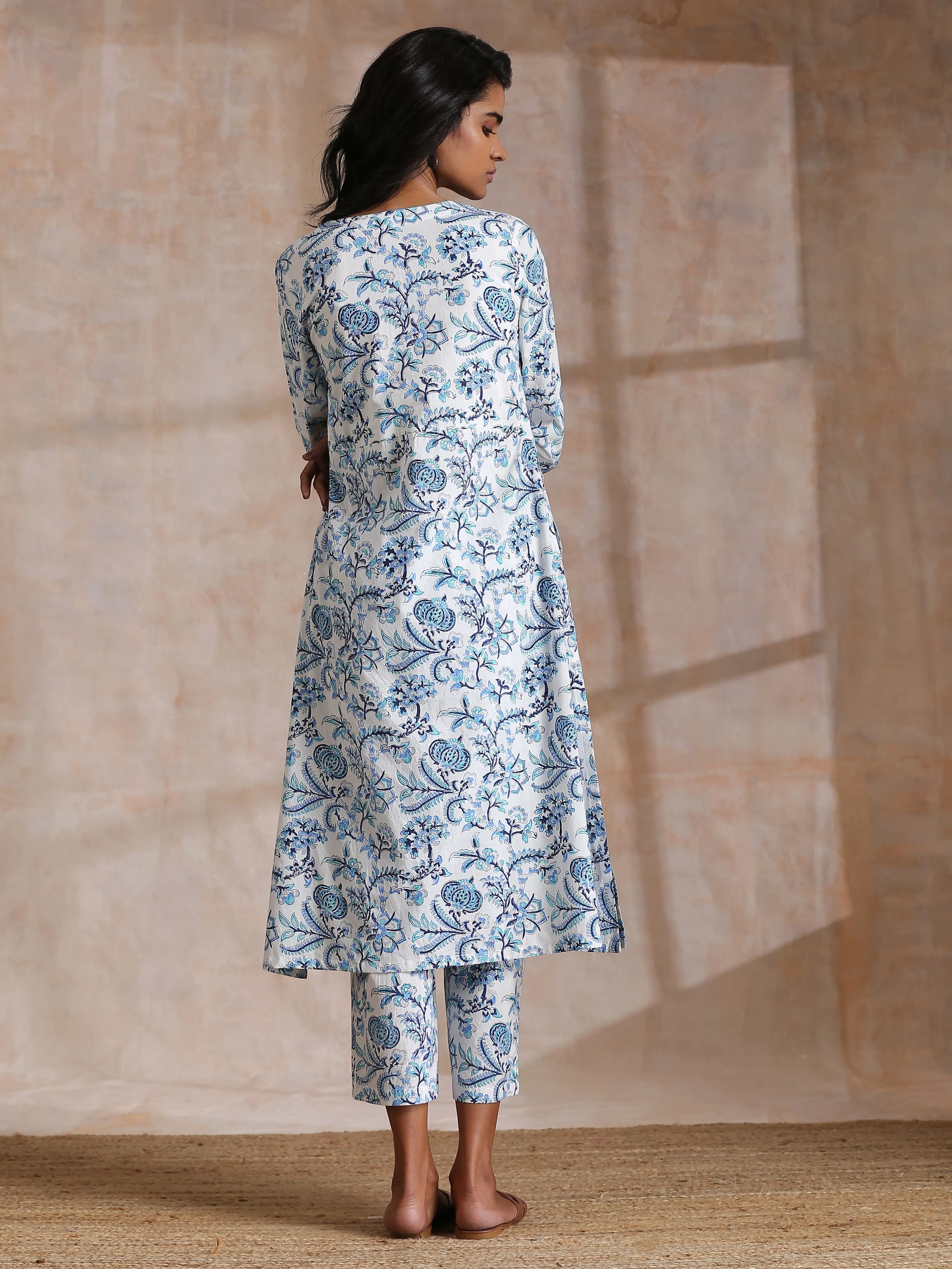 White With Overall Blue Print Cotton  Slit Gathered Kurta Set