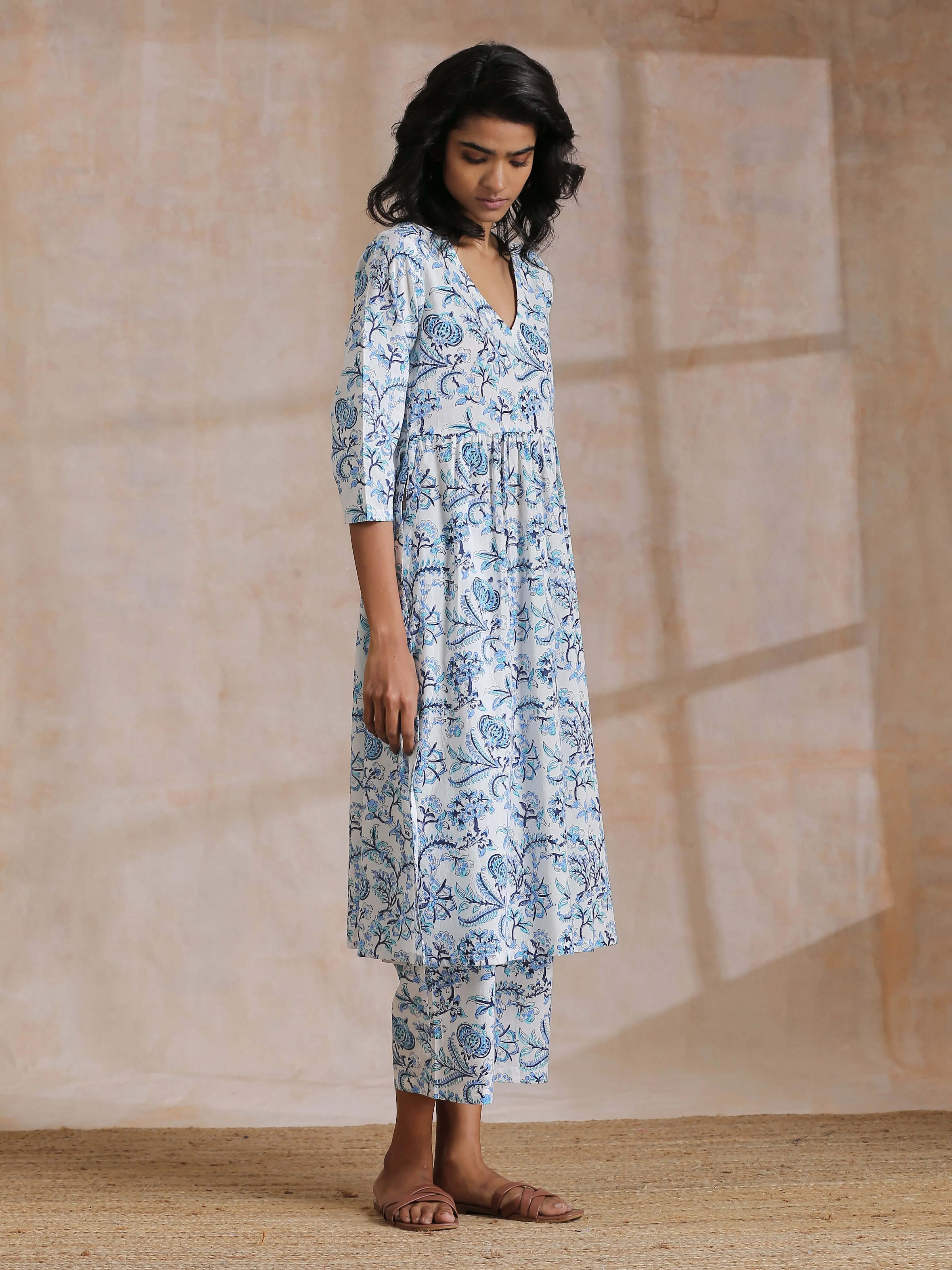 White With Overall Blue Print Cotton  Slit Gathered Kurta Set