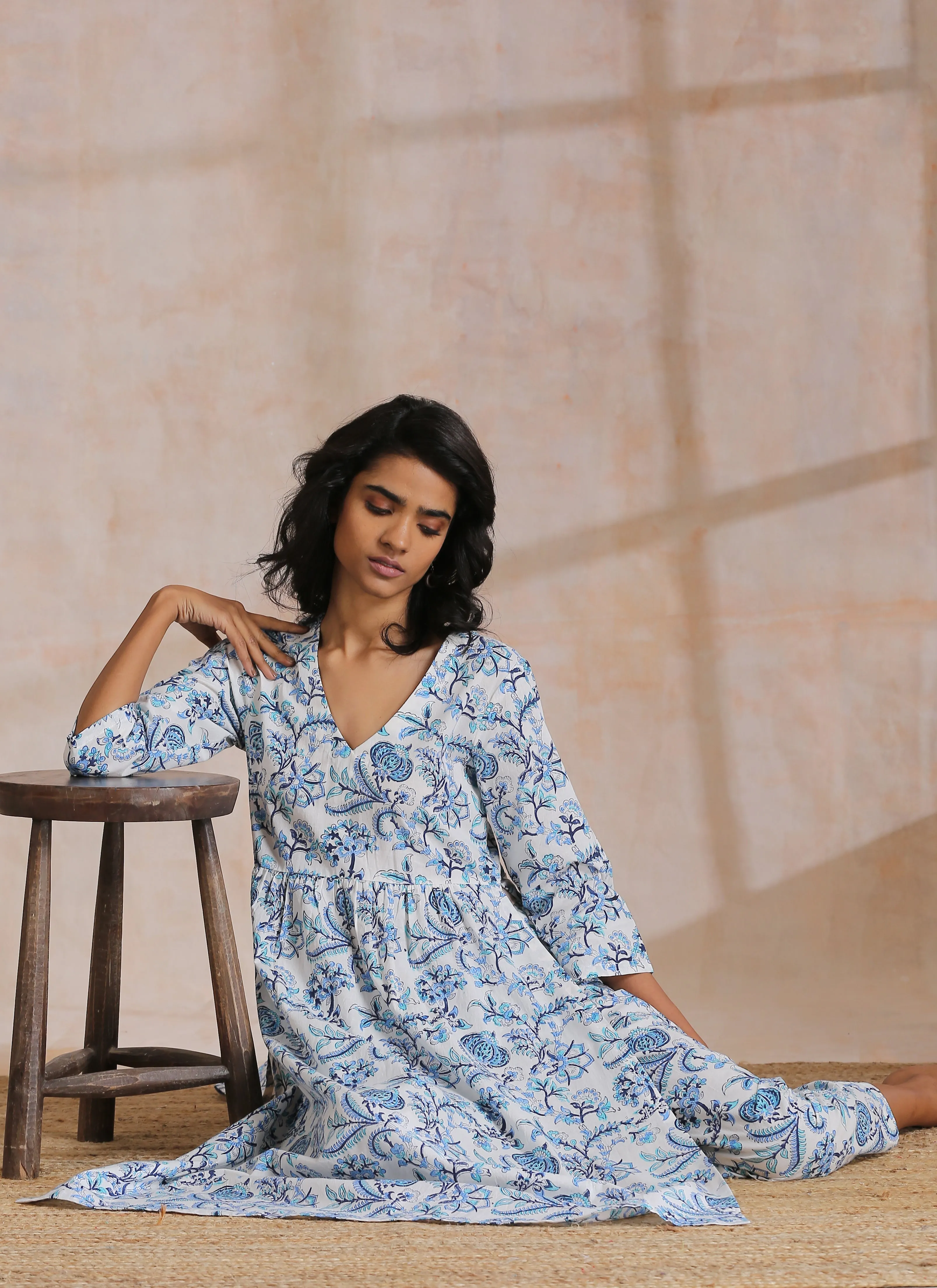 White With Overall Blue Print Cotton  Slit Gathered Kurta Set