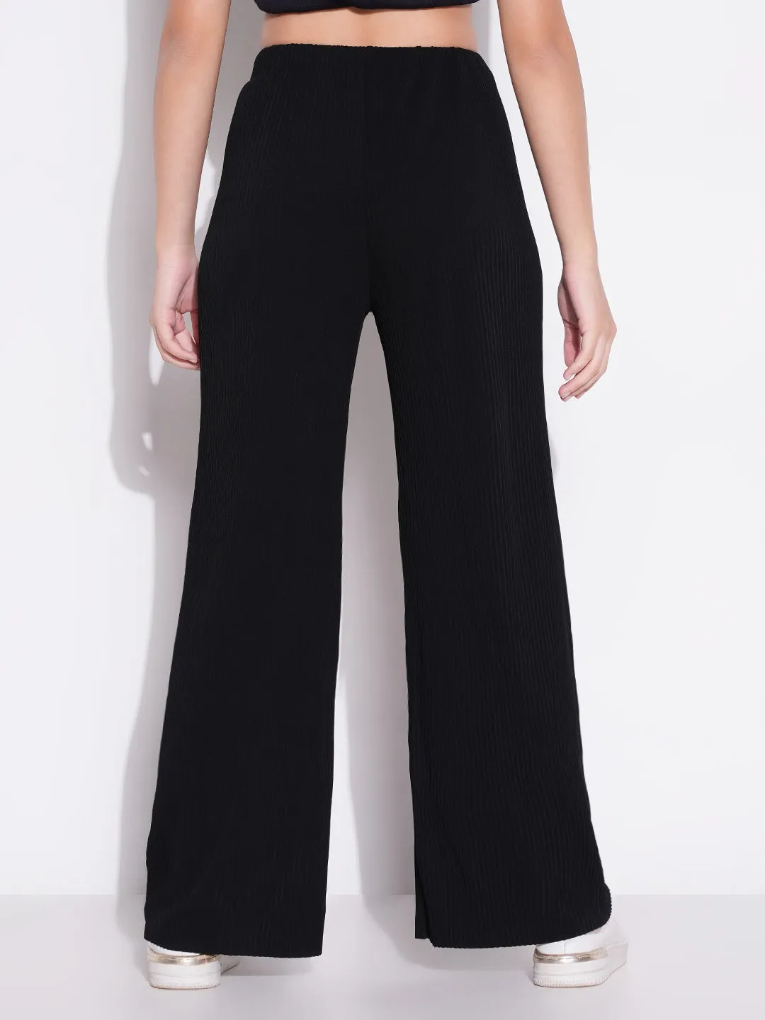 Women Black Solid Parallel Trousers