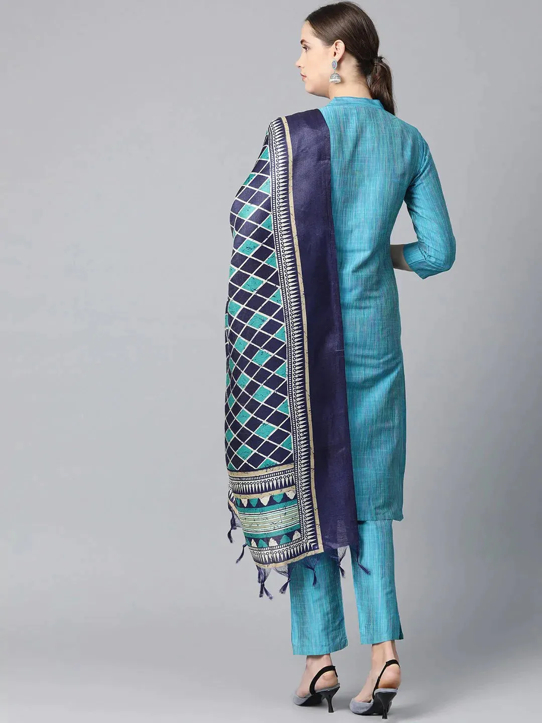 Women Blue & Green Self-Striped Kurta With Trousers & Dupatta