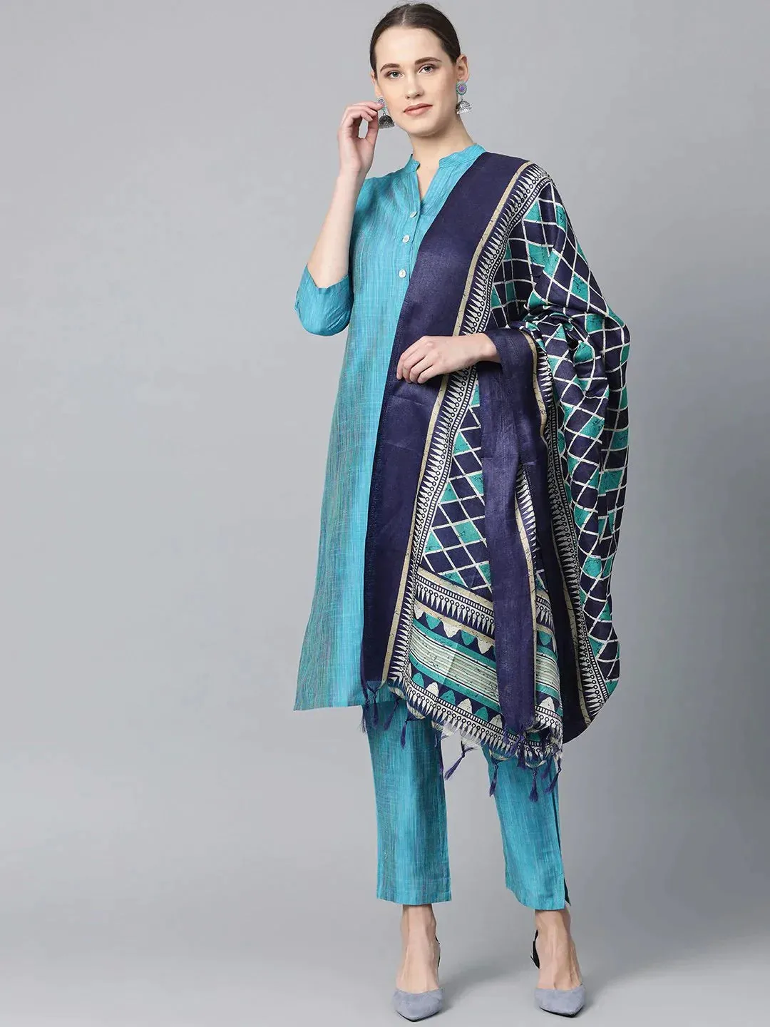 Women Blue & Green Self-Striped Kurta With Trousers & Dupatta