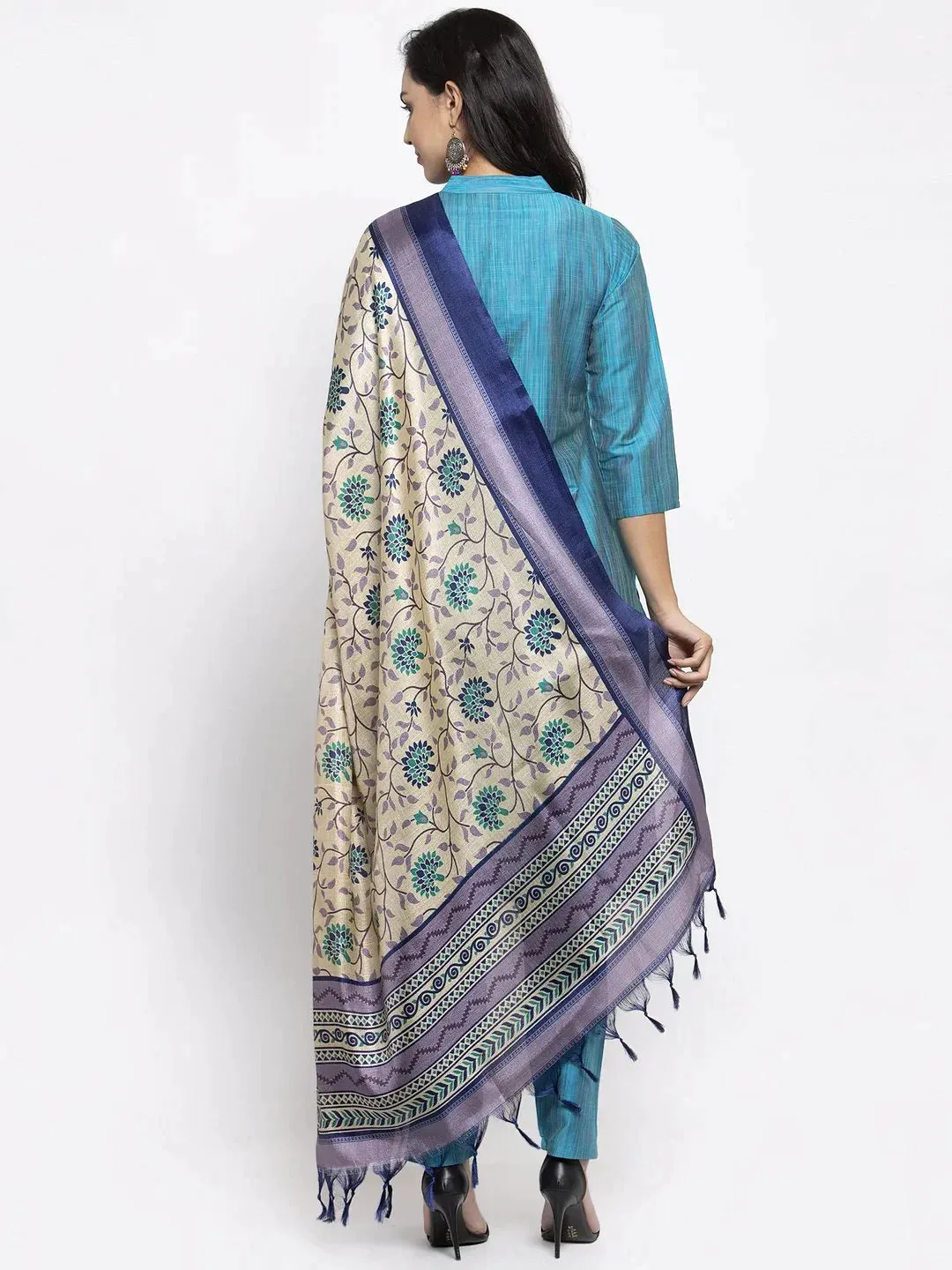 Women Blue & Green Self-Striped Kurta With Trousers & Printed Dupatta