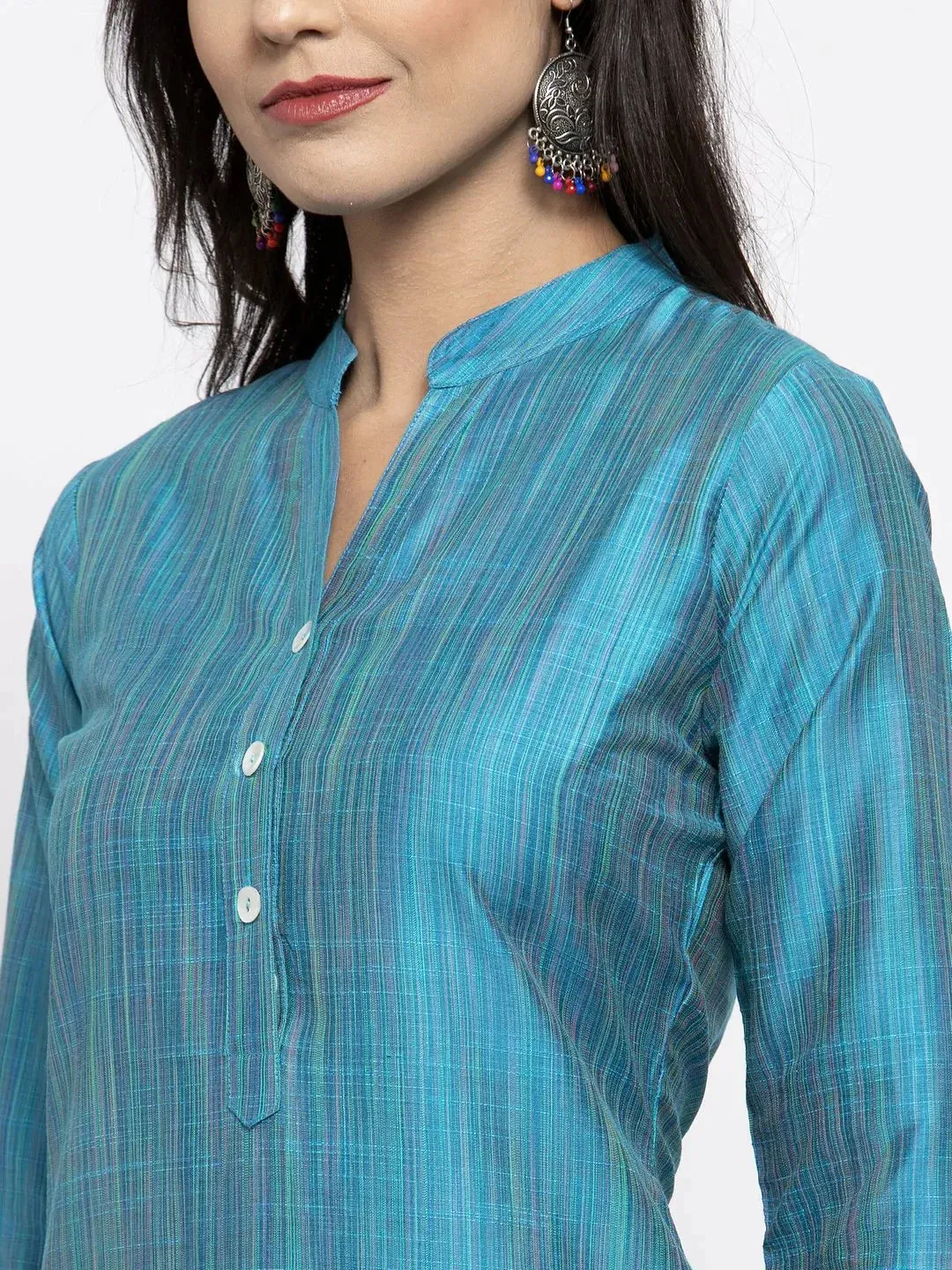 Women Blue & Green Self-Striped Kurta With Trousers & Printed Dupatta