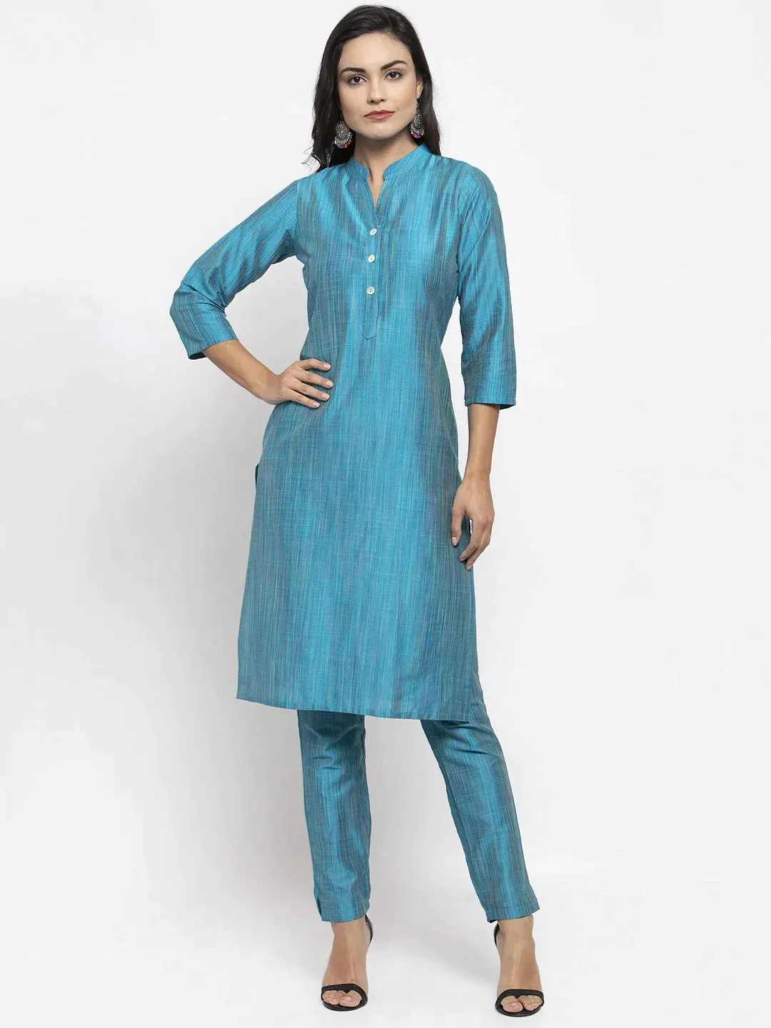 Women Blue & Green Self-Striped Kurta With Trousers & Printed Dupatta