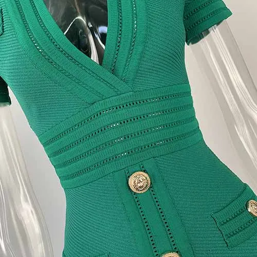 Women Button-up Knitted Minidress Ribbed-knit Short-sleeve Dress