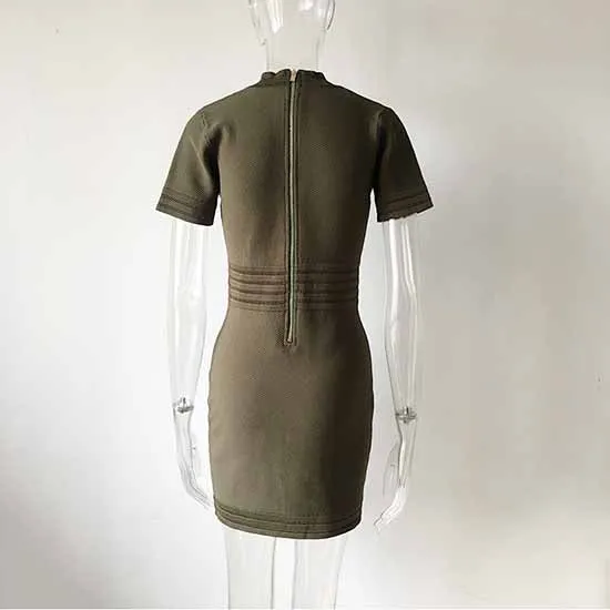 Women Button-up Knitted Minidress Ribbed-knit Short-sleeve Dress