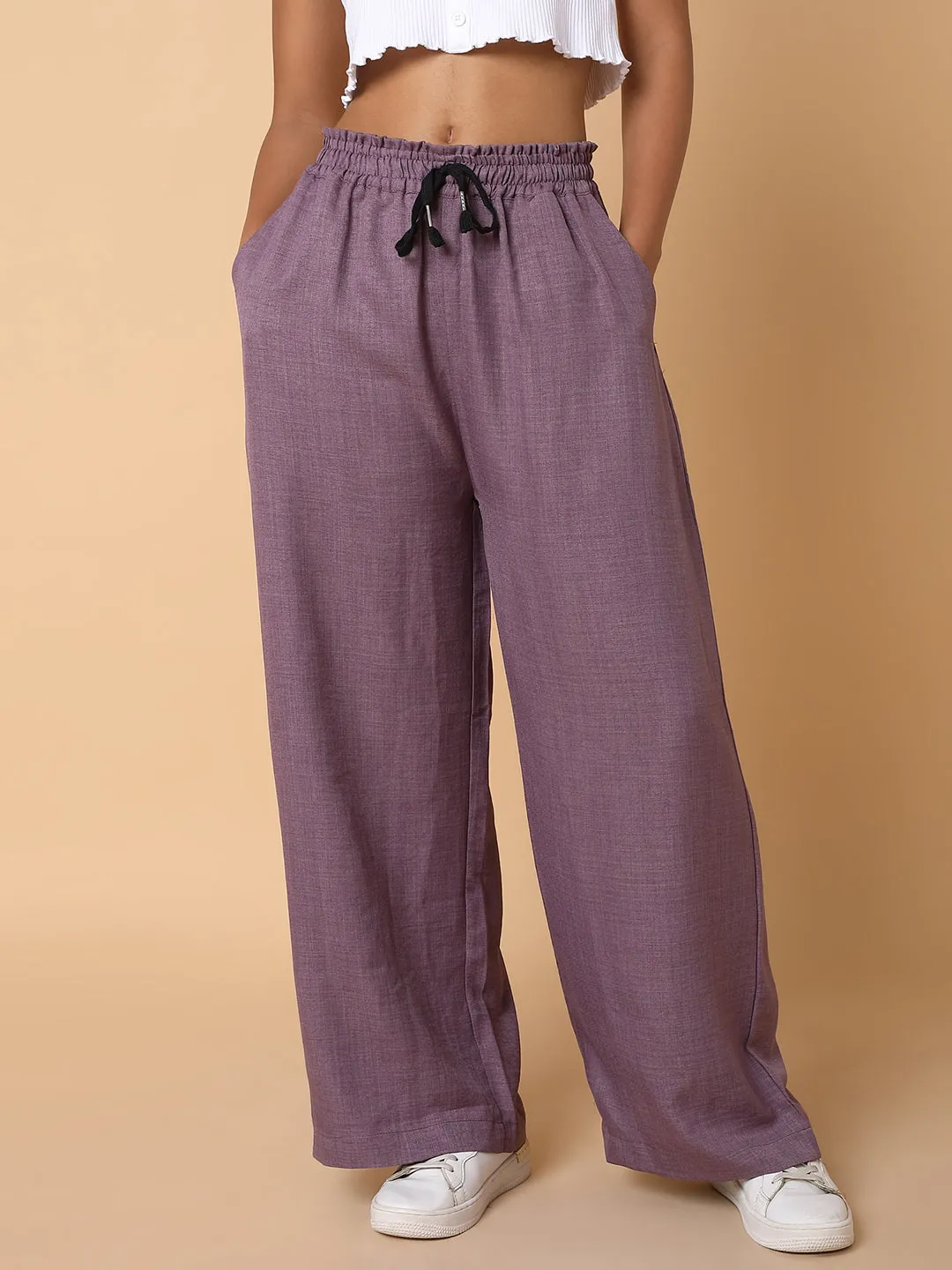 Women Flat Front Solid Lavender Trousers