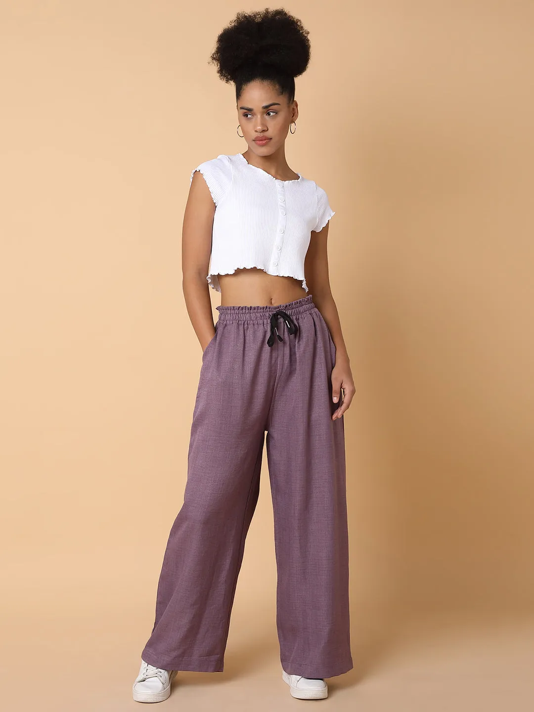 Women Flat Front Solid Lavender Trousers