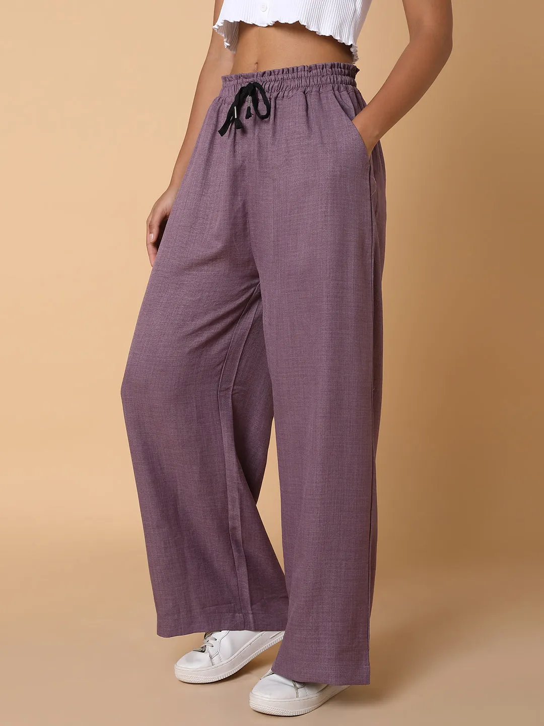 Women Flat Front Solid Lavender Trousers