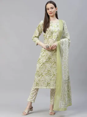 Women Green Ethnic Motifs Printed Pure Cotton Kurta With Trousers & Dupatta