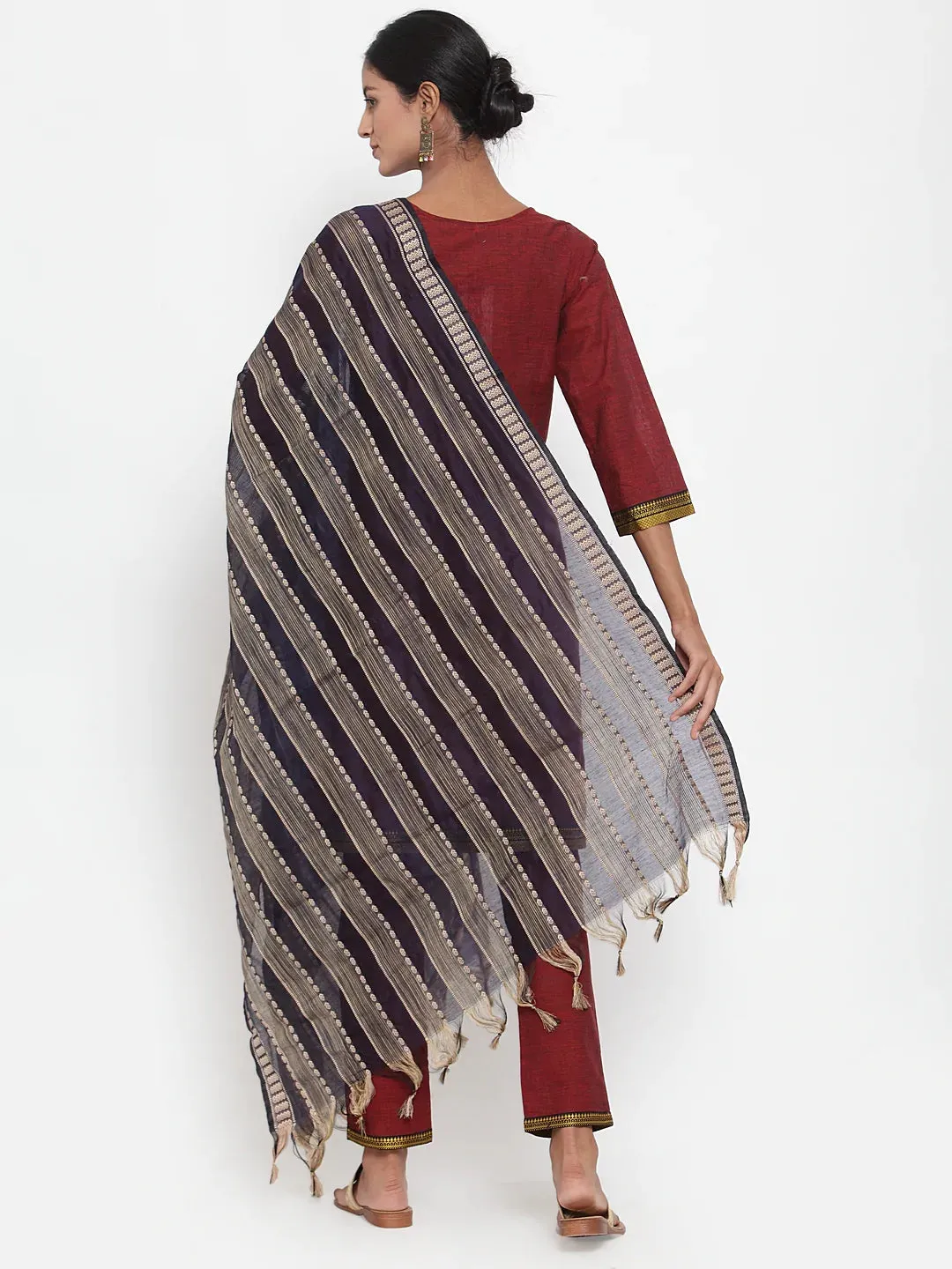 Women Maroon Solid Kurta With Trousers & Dupatta