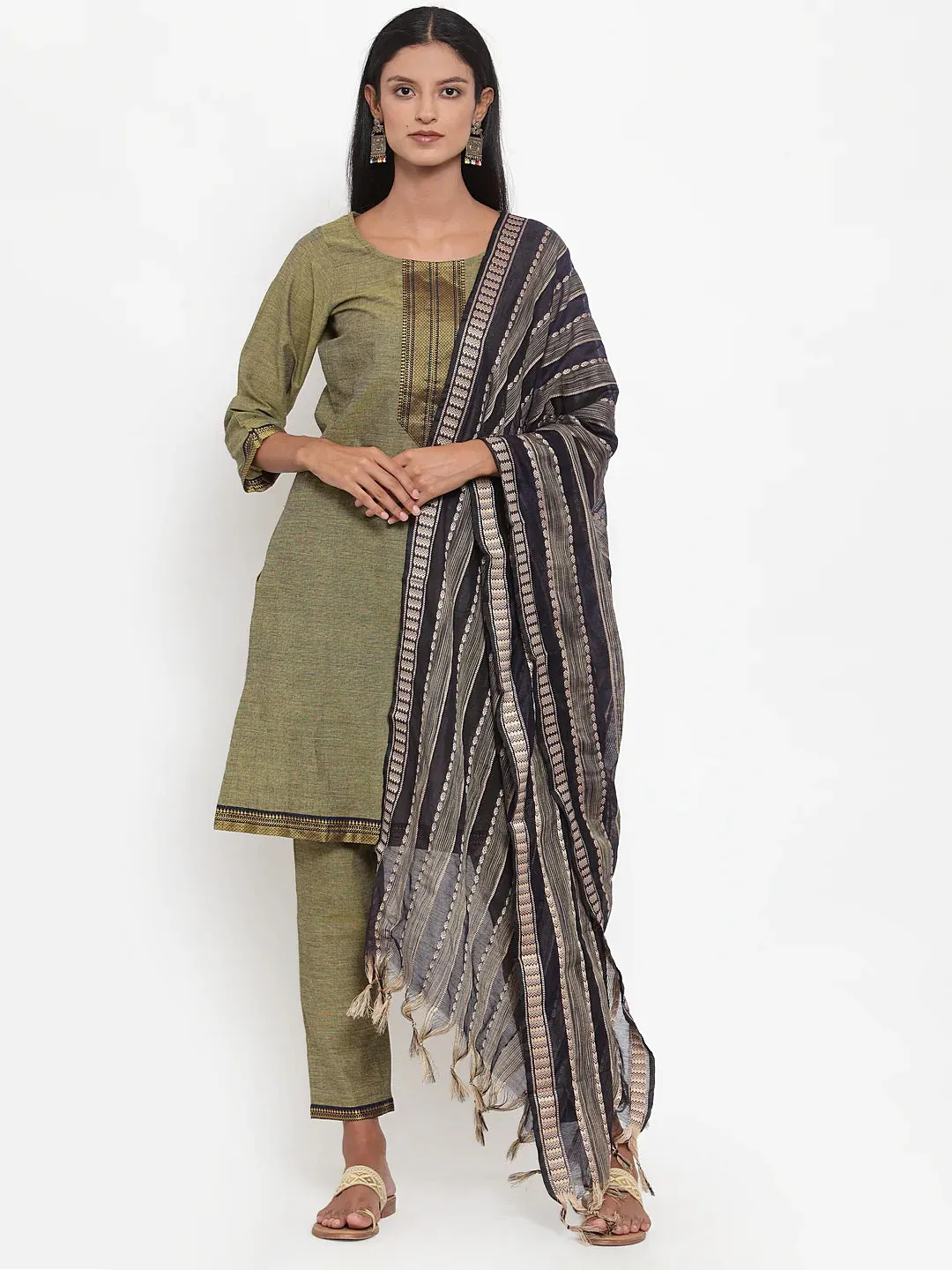 Women Mustard Solid Kurta With Trousers & Dupatta