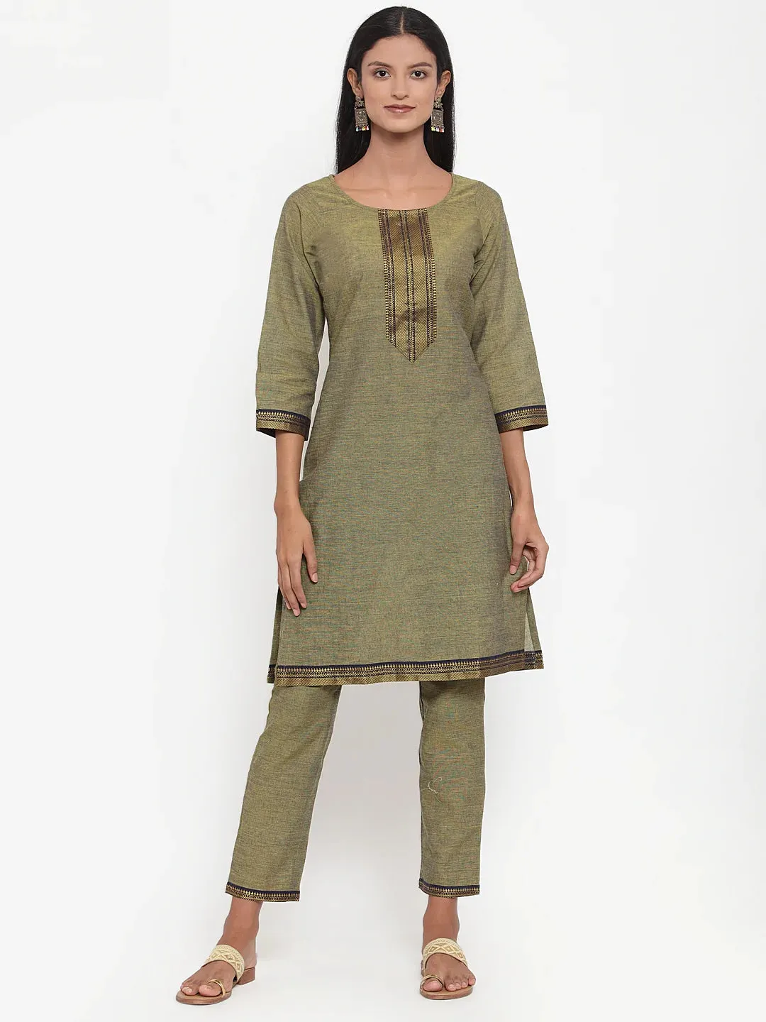 Women Mustard Solid Kurta With Trousers & Dupatta