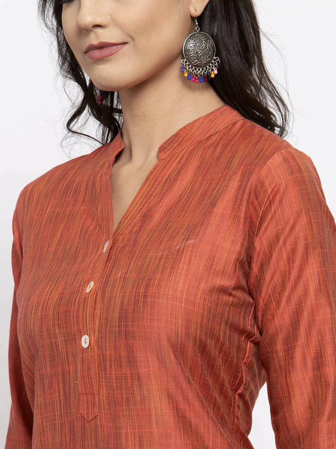 Women Orange Self-Striped Kurta With Trousers & Floal Georgette Dupatta