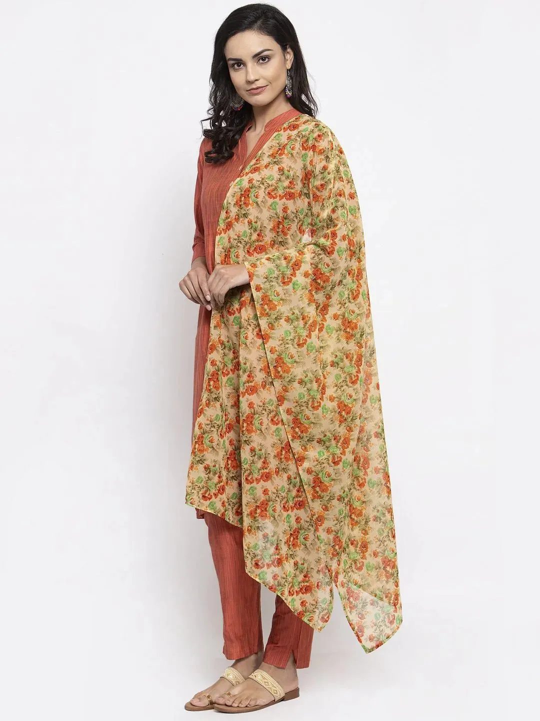 Women Orange Self-Striped Kurta With Trousers & Floal Georgette Dupatta