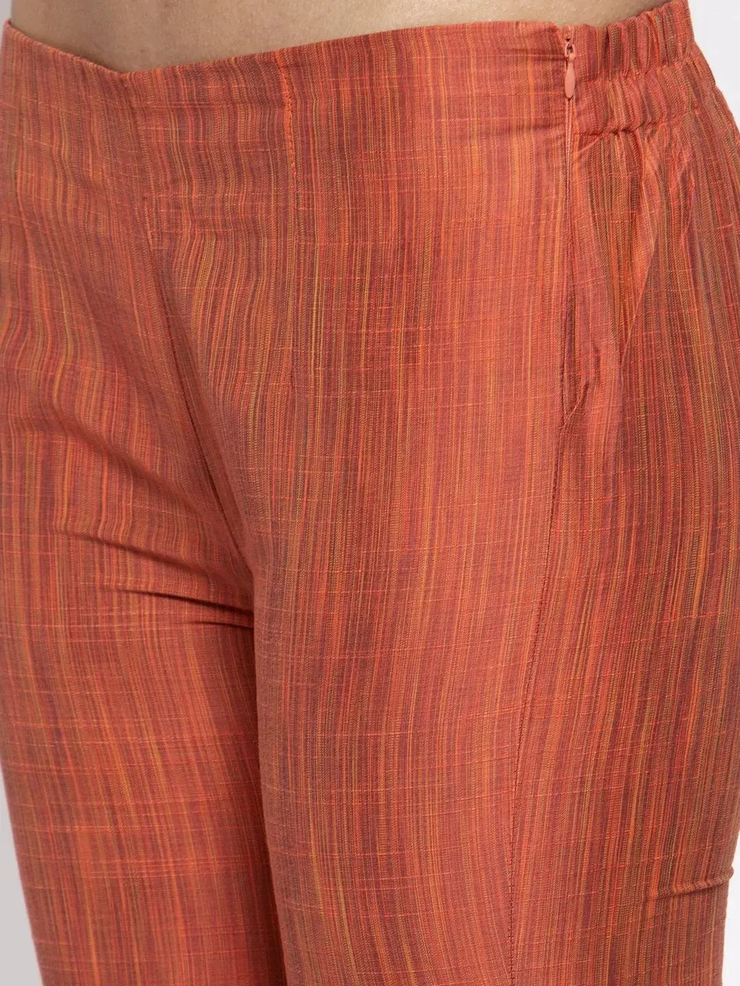 Women Orange Self-Striped Kurta With Trousers & Floal Georgette Dupatta