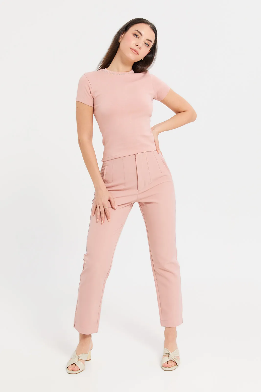 Women Pink Straight Leg Single Button Trouser