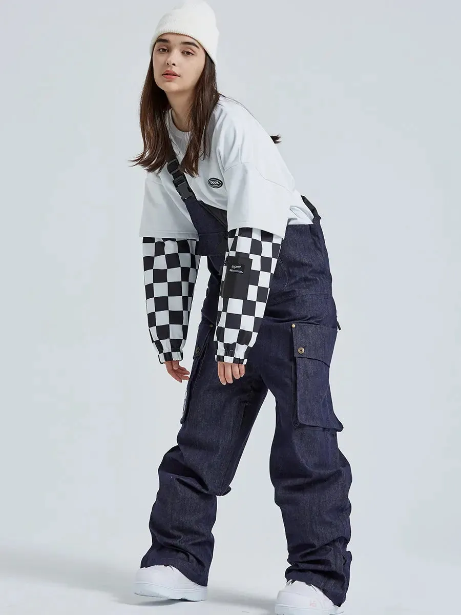 Women Ski Bibs Pants High Waist Tooling Big Pockets