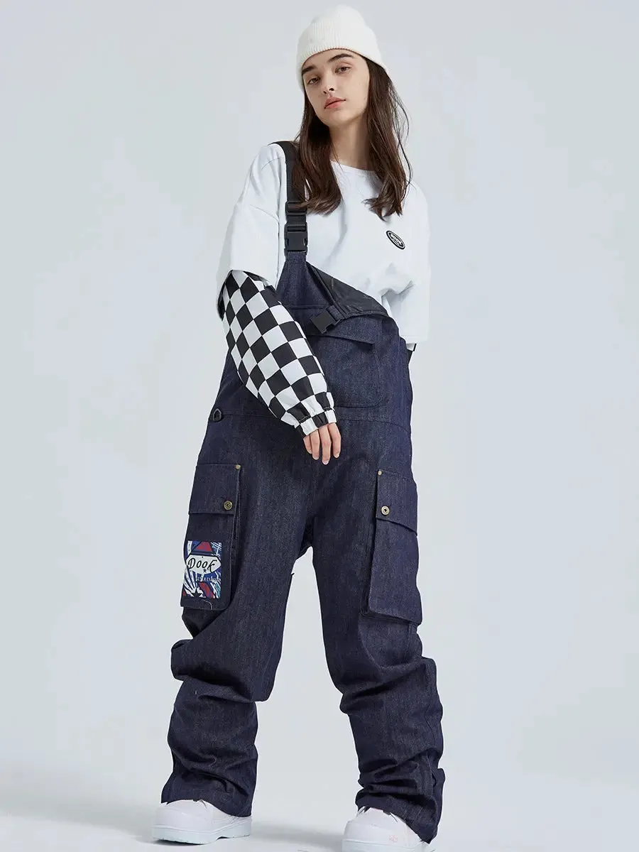 Women Ski Bibs Pants High Waist Tooling Big Pockets