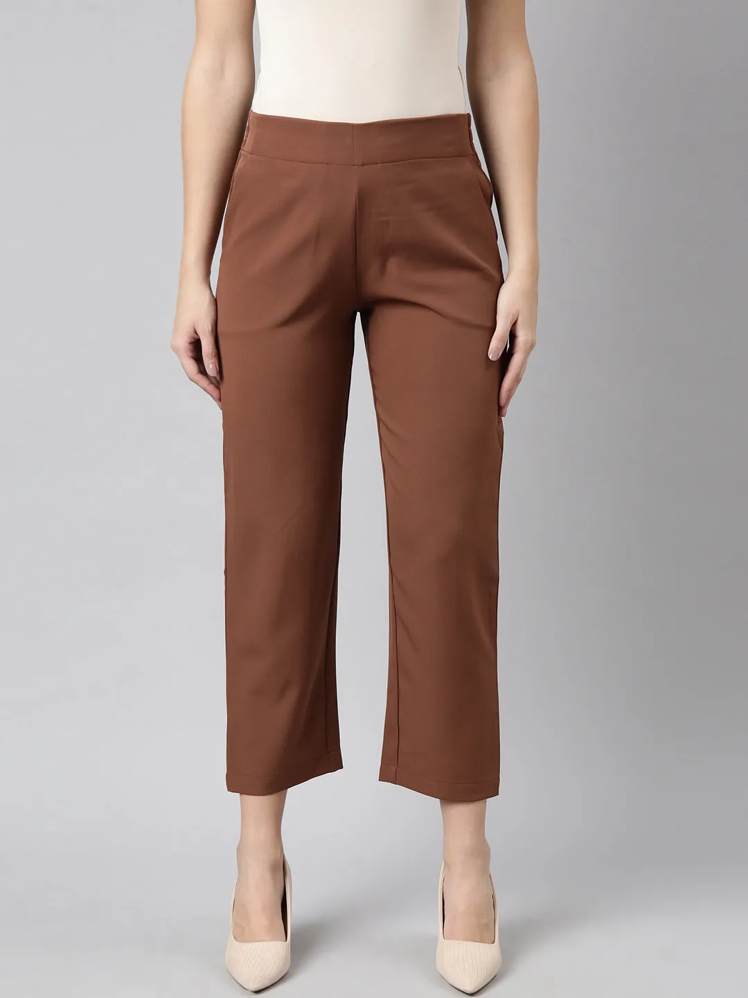 Women Solid Brown Formal Trousers