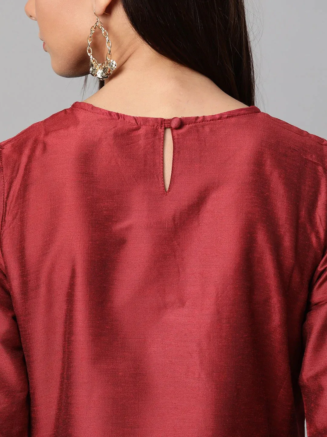 Women'S Maroon & Golden Yoke Design Kurta With Trousers